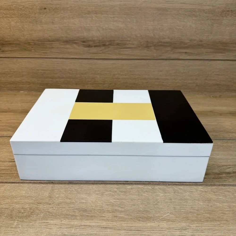 Handmade Wood Storage Stash Trinket Box Black Yellow White Geometric Hinged READ